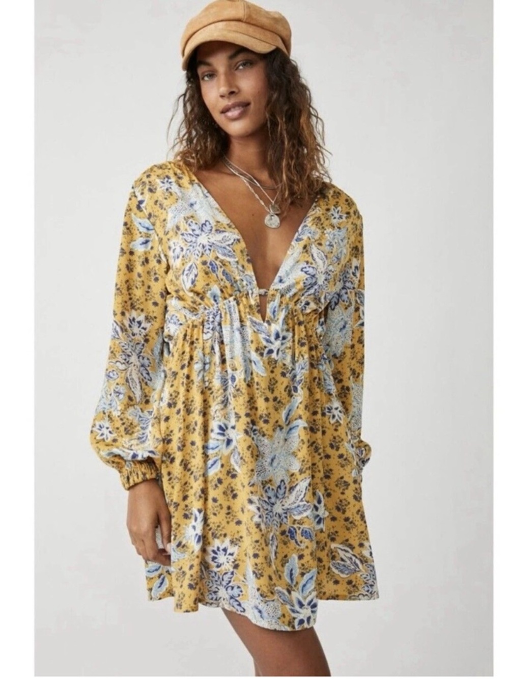 NWT Free People Soli Golden Hour Combo Yellow V-Neck Long Sleeve Mini Dress